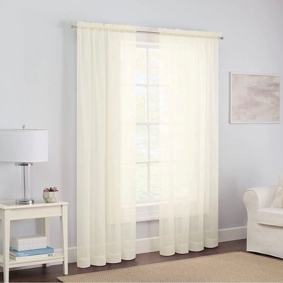 PairstoGo Victoria Voile Ivory rod pocket window panels.  Two packages available - Picture 2 of 10